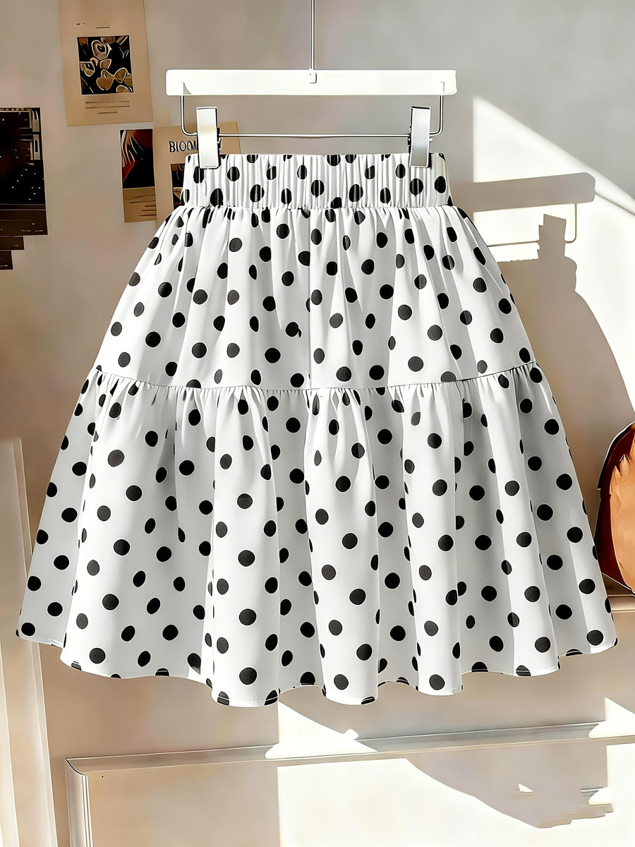 355# Ruffle Trim Floral Bow Tie Polka Dot Short Cake Skirt - White