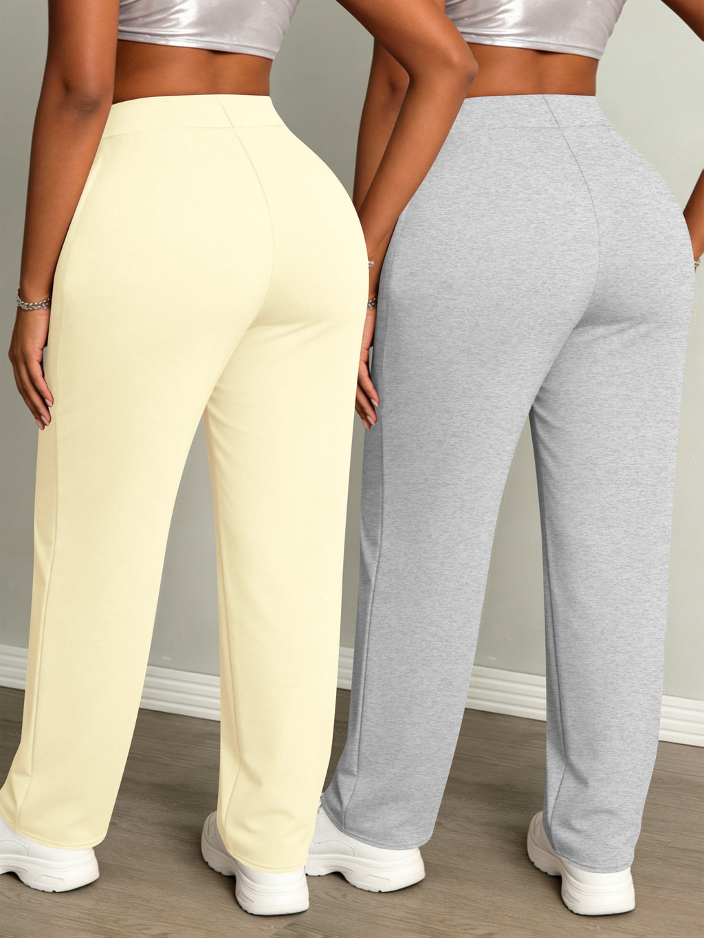 Women's Fashion Daily 2pcs Set, Comfortable Loose-Fit Solid Color Drawstring Waist Wide-Leg Sweatpants - Apricot+Grey
