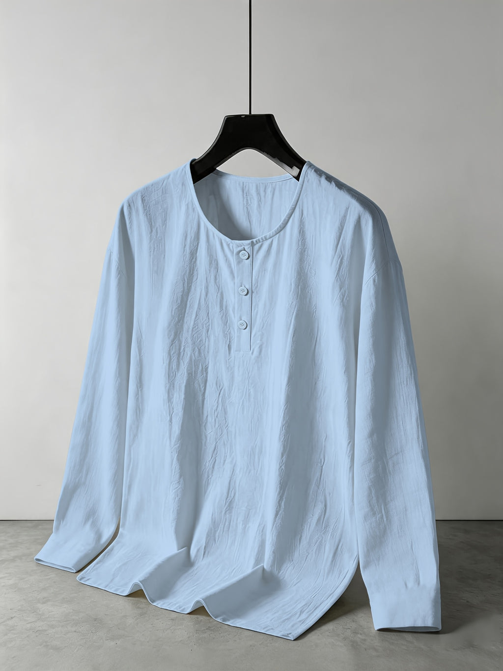 Men'S Spring/Autumn Linen Henley Long Sleeve Shirt, Breathable And Comfortable, Perfect for Beach Vacation [2pcs Set] - Sky Blue + White