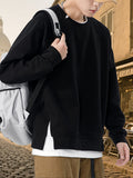 Autumn New Men'S Drop-Sleeve Casual Solid Color Sweatshirt Faux Two-Piece Hem, Men'S Round Neck Pullover, Niche Design Style - Black