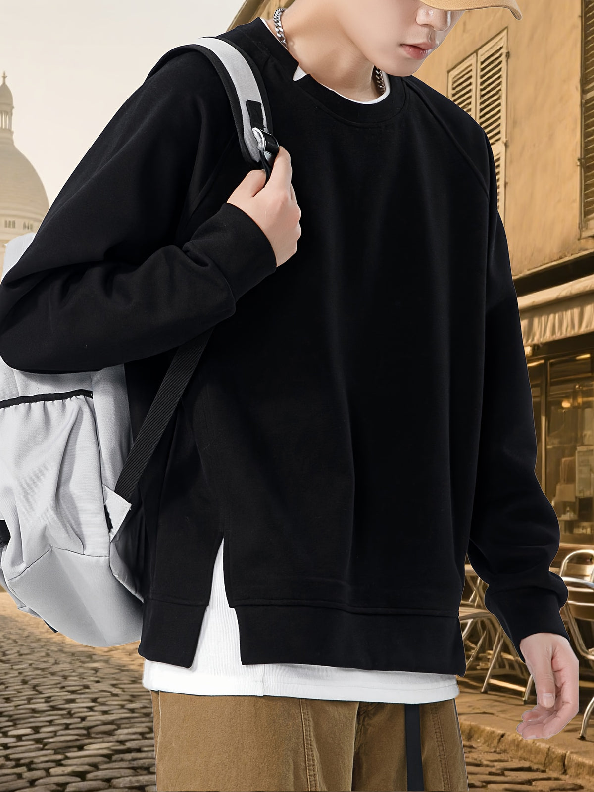 Autumn New Men'S Drop-Sleeve Casual Solid Color Sweatshirt Faux Two-Piece Hem, Men'S Round Neck Pullover, Niche Design Style - Black