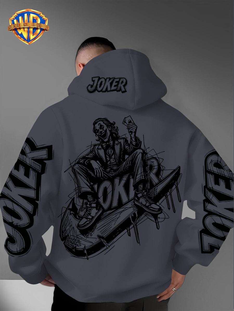 Authorized by Warner Bros., Joker Graffiti Style Print, Hat Design Pattern, Multi-Functional Street Style Men'S Hoodie, Comfortable Casual, Suitable for Autumn And Winter - Dark Gray