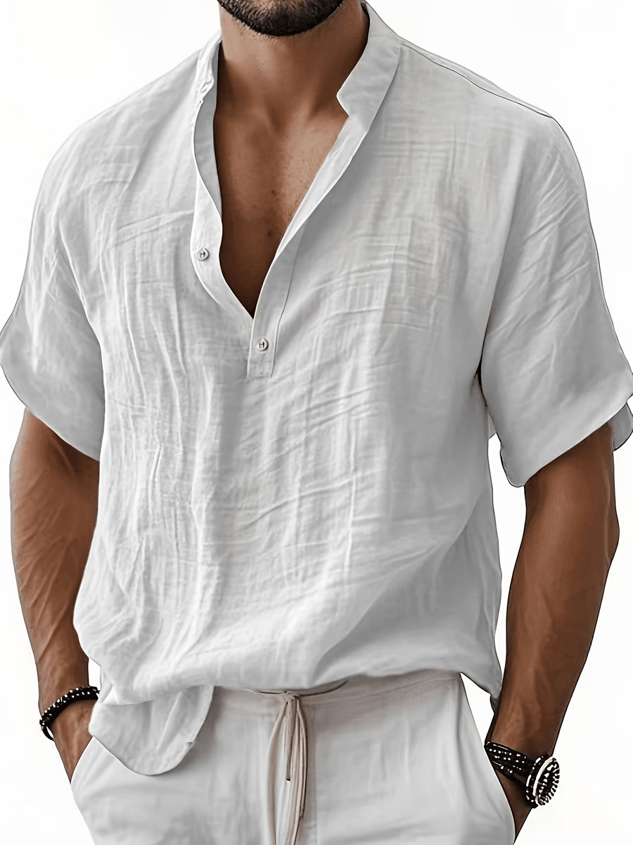 Men'S Fashion Polo Collar Linen Breathable Comfortable Casual Short Sleeve Shirt - White