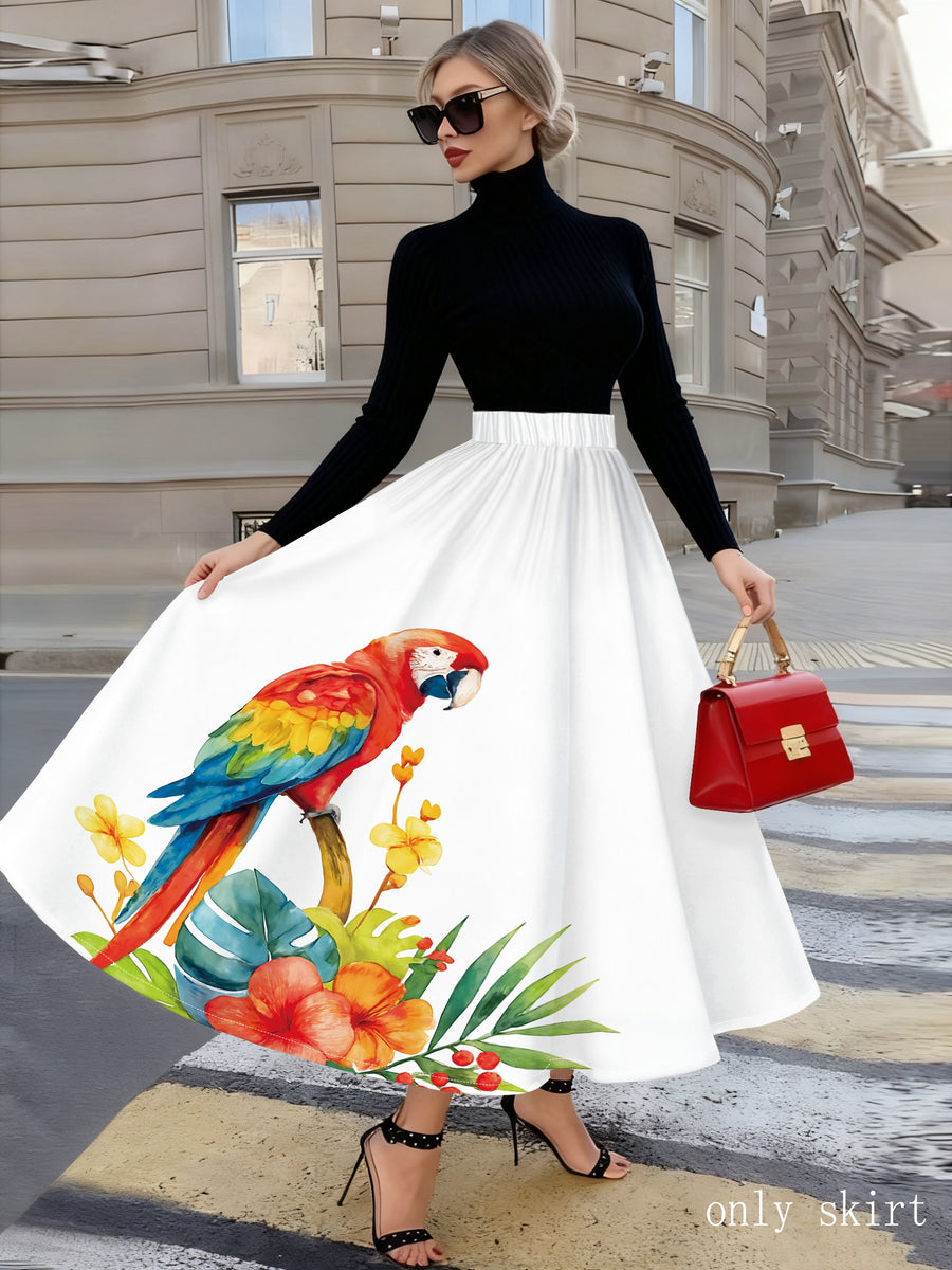 Printed Design White Parrot And Tropical Floral Print Vacation Style Women'S Short Skirt - Mixed colors