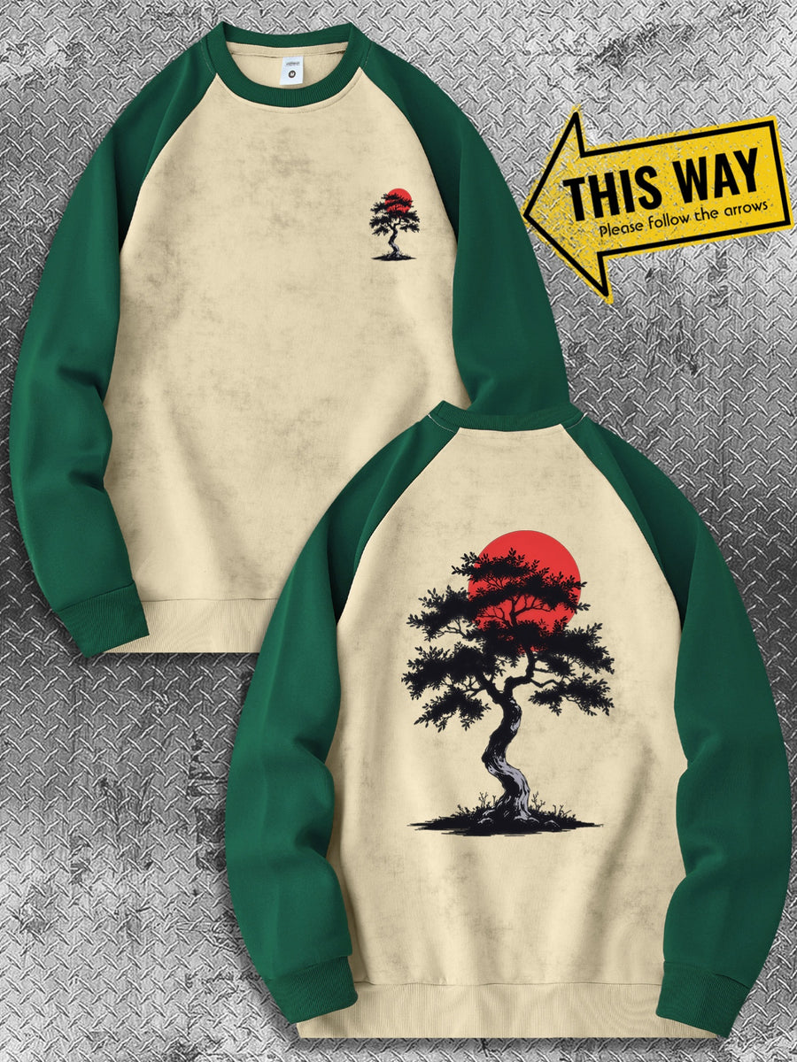 Men'S New Trendy Autumn And Winter Color-Blocked Round-Neck Sweatshirt, Casual And Comfortable with a Bit of Stretch, Featuring a Bonsai Tree Print, Perfect As a Gift for Men - Dark Green