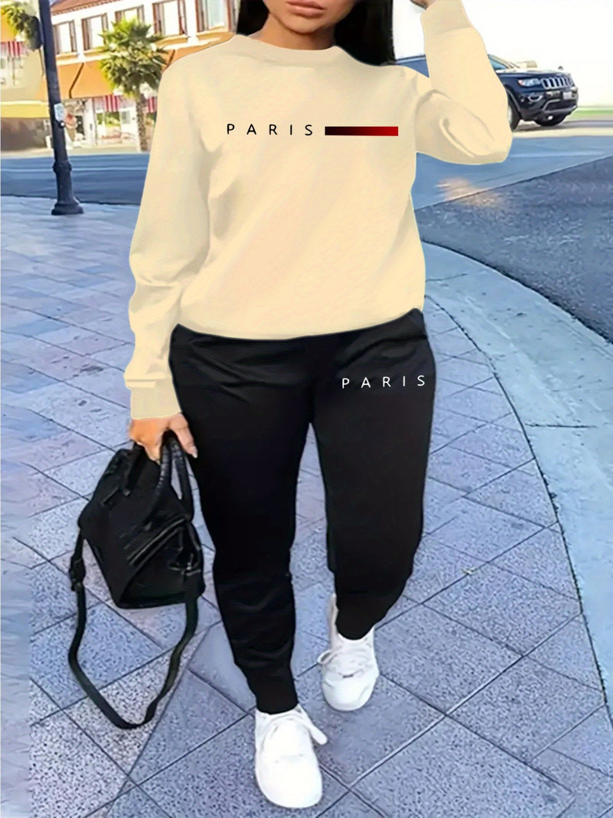 Women's Casual Tracksuit Set, Fashionable Paris Letter Print Long Sleeve Sweatshirt & Joggers Pants Outfit - Apricot