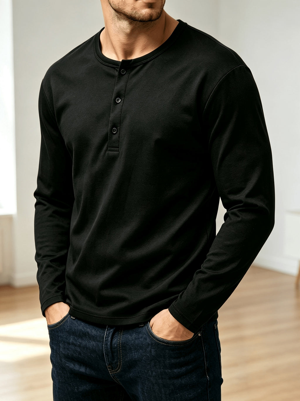 Henley Collar Long Sleeve Cover-Up, T-Gauge Knit Bamboo Rayon Rayon Texture Fabric, Lightweight Breathable Casual Top - Black