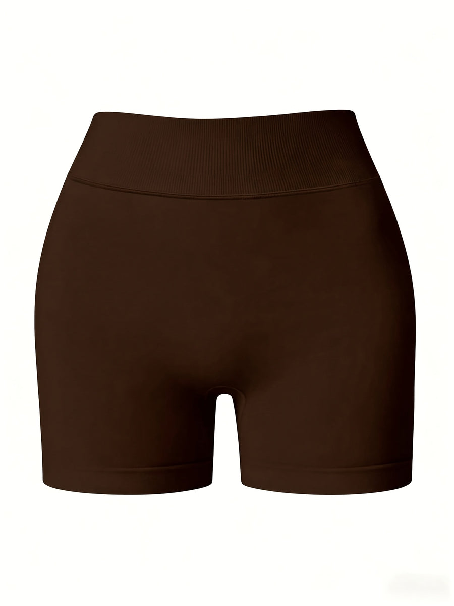 Contouring Workout Shorts, Stretchy Fitted Design, with Waist Shaping Elastic And Wrinkle Accent, Comfortable Elastic Waistband with -Lifting Wrinkles, Creating a Contouring Look, Elastic Waistband with Wrinkle Detail for -Lifting Effect - Coffee Color