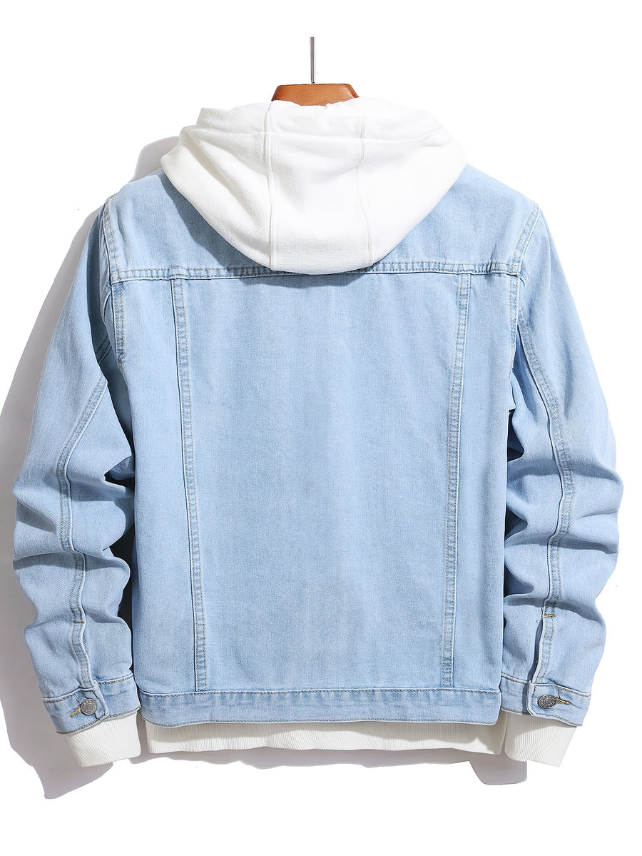 Men'S Street Style Fashion Slim-Fit Ripped Denim Jacket in Solid Color, Casual Men'S Denim Outerwear - Light Blue