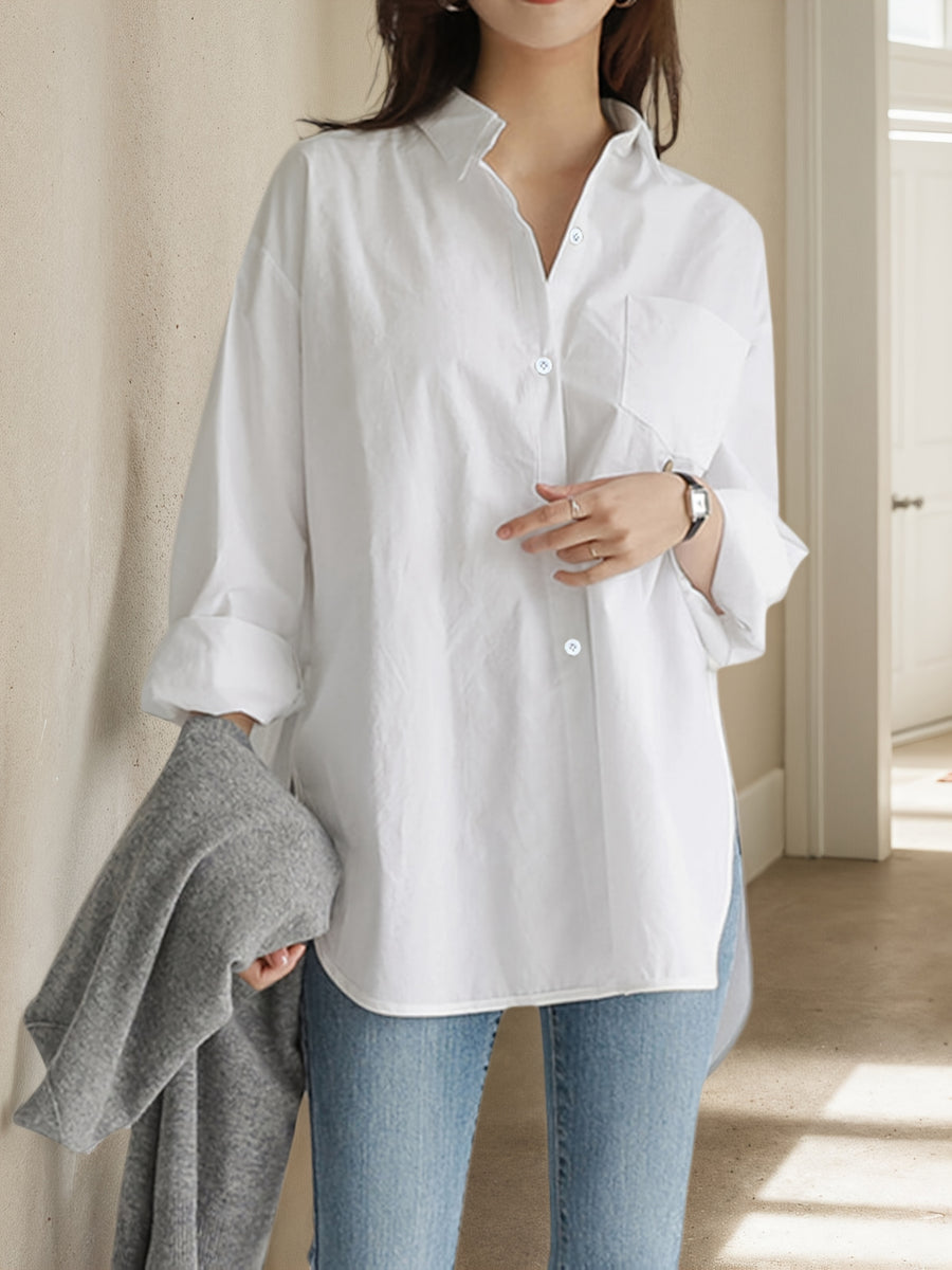 Women'S Loose Elegant Spring Autumn Long Sleeve Office Shirt Solid Color Casual Versatile Easy Top Work Blouse - White