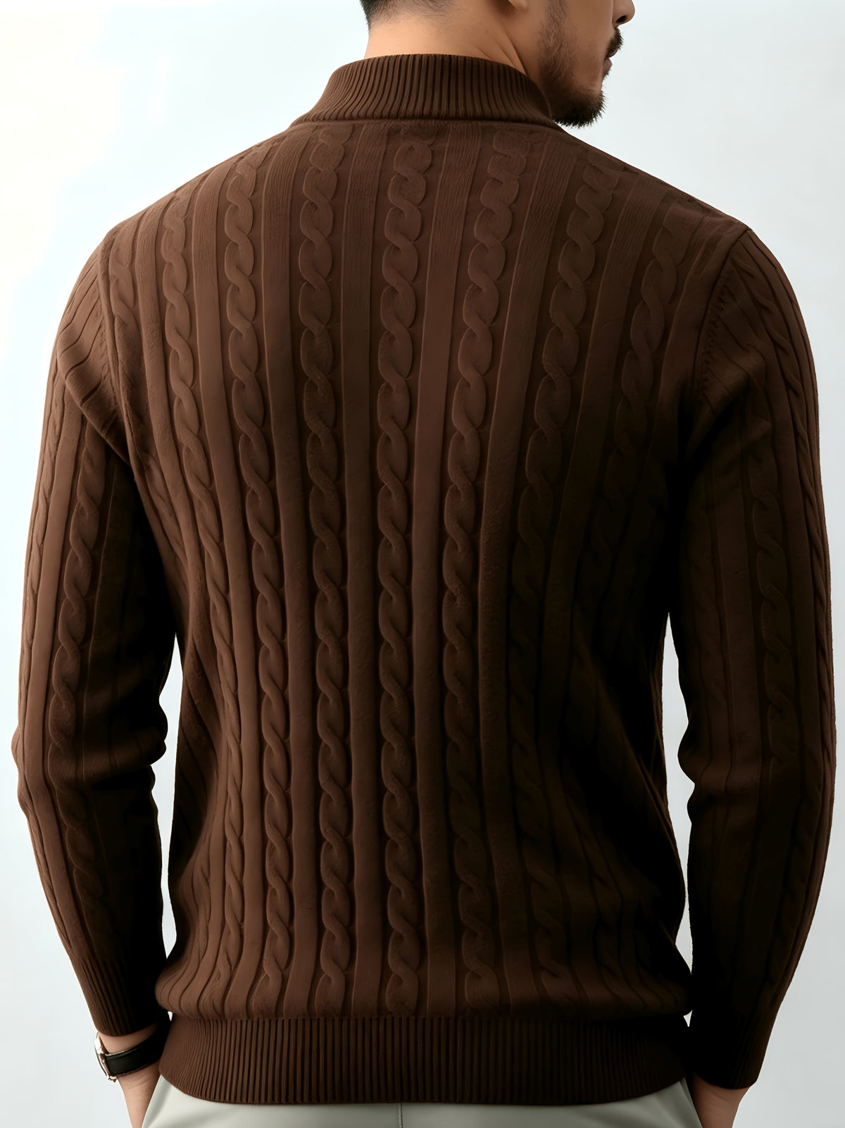Men's Relaxed-fit Spring and Autumn Style with a Chic Half-zipper Design for a Casual, Laid-back Look. The Exquisite Cable-knit Texture Adds a Vintage Touch, While the Solid Color Offers a Calm and Sophisticated Vibe, Perfect for Creating a Casual - Coffee Color