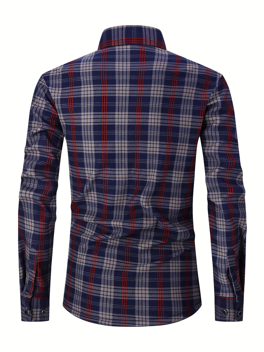 Autumn/Winter Plaid Flannel Shirt for Men, -Lined, Thickened, Warm, Long-Sleeve Workwear Jacket, Casual Top, New Season - Red Navy Blue