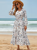 Spring and Autumn Beach Party Fashionable and Elegant Round Neck Long Sleeve Loose Fit Ruffle Hem Long A-Line Casual Travel Dress - Multicolor