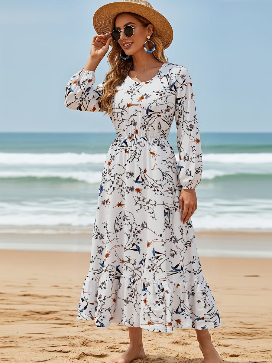 Spring and Autumn Beach Party Fashionable and Elegant Round Neck Long Sleeve Loose Fit Ruffle Hem Long A-Line Casual Travel Dress - Multicolor