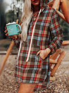 Early Autumn Fashion Vintage Loose Hooded Button Sweatshirt Shirt for Women, Soft Contrast Color Plaid Design, Hooded Style, Suitable for Vacation, Outings, and Commuting Wear - Deep Red