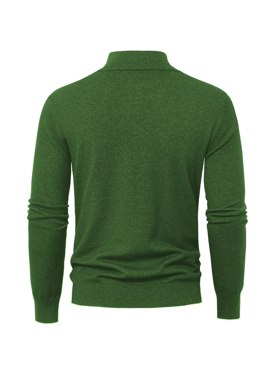 2025 New Men's Casual Solid Color Knit Zip-Front Sweater - Thickened Warm Top - Fashionable Minimalist Style with Medium Stretch for Daily Comfort, Men's Essential Cold-Weather Item, High-Quality Autumn/Winter Fashionable and Mature Pullover - Dark Grey Green