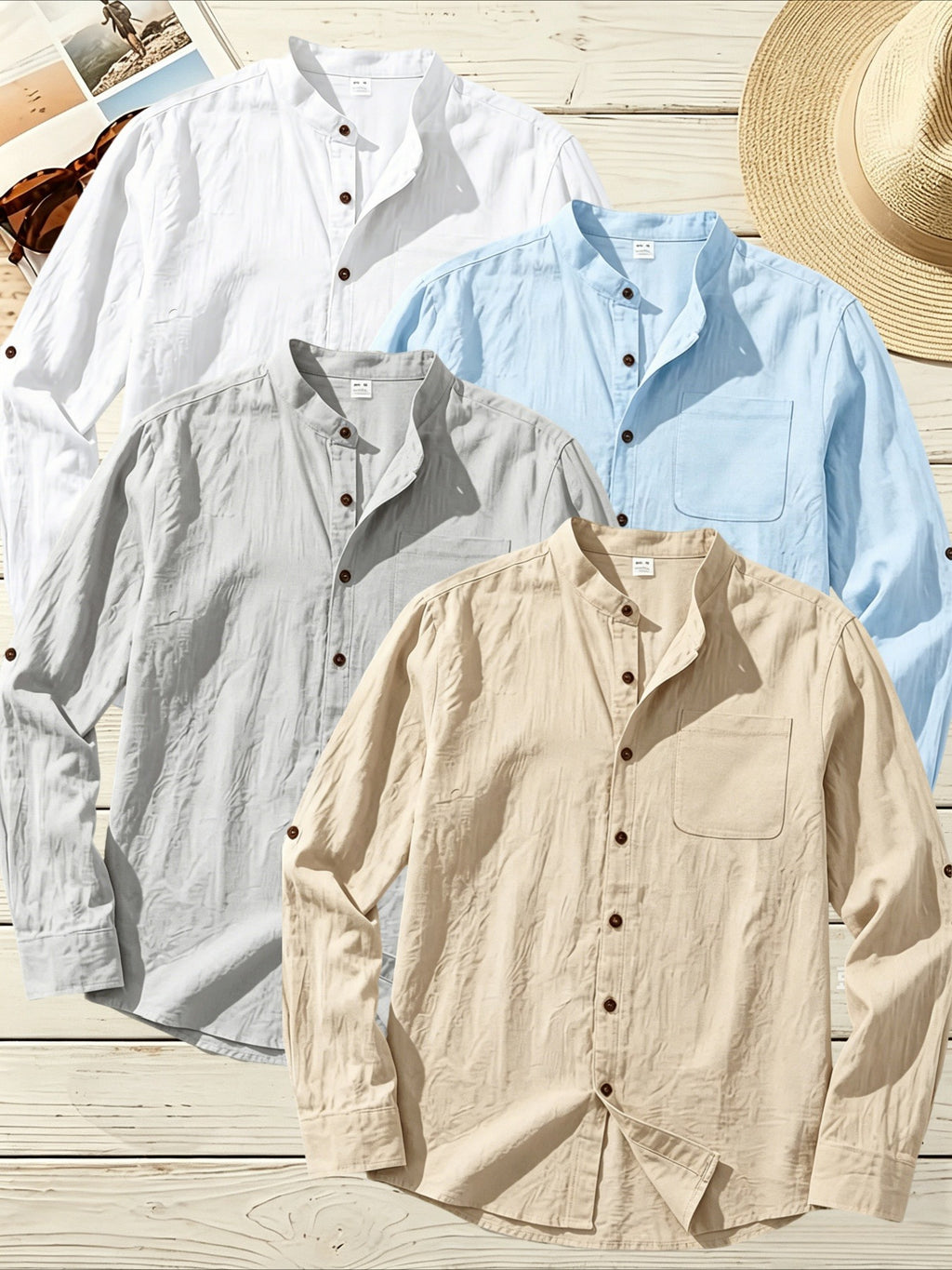 4pcs Men'S Stand Collar Linen Blend Long Sleeve Shirt, Beach Vacation Casual Commute Wear, Breathable Lightweight Relaxed Style Spring Summer Autumn Loose Straight Cut with Roll-Up Cuffs And Chest Pocket, Multi-Color Available - White+Blue+Gray+Khaki