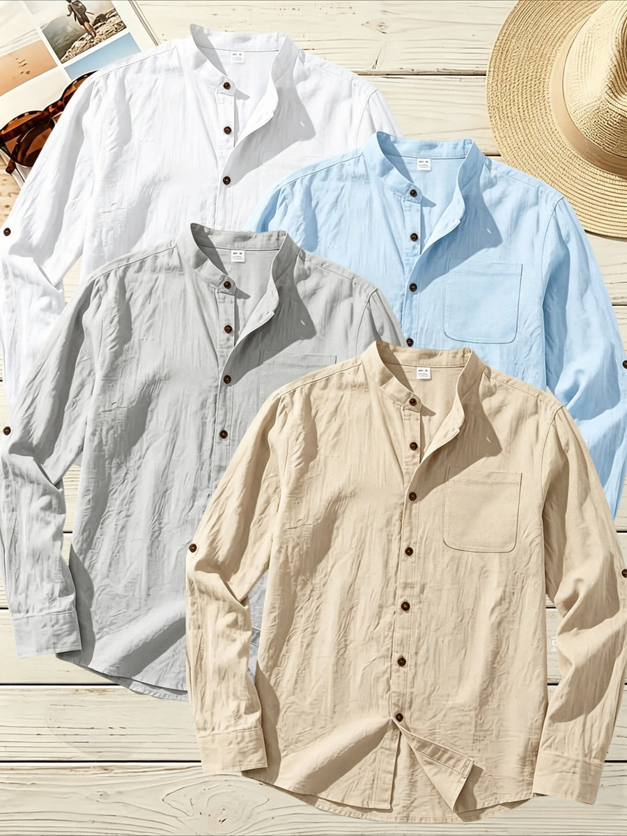 4pcs Men'S Stand Collar Linen Blend Long Sleeve Shirt, Beach Vacation Casual Commute Wear, Breathable Lightweight Relaxed Style Spring Summer Autumn Loose Straight Cut with Roll-Up Cuffs And Chest Pocket, Multi-Color Available - White+Blue+Gray+Khaki