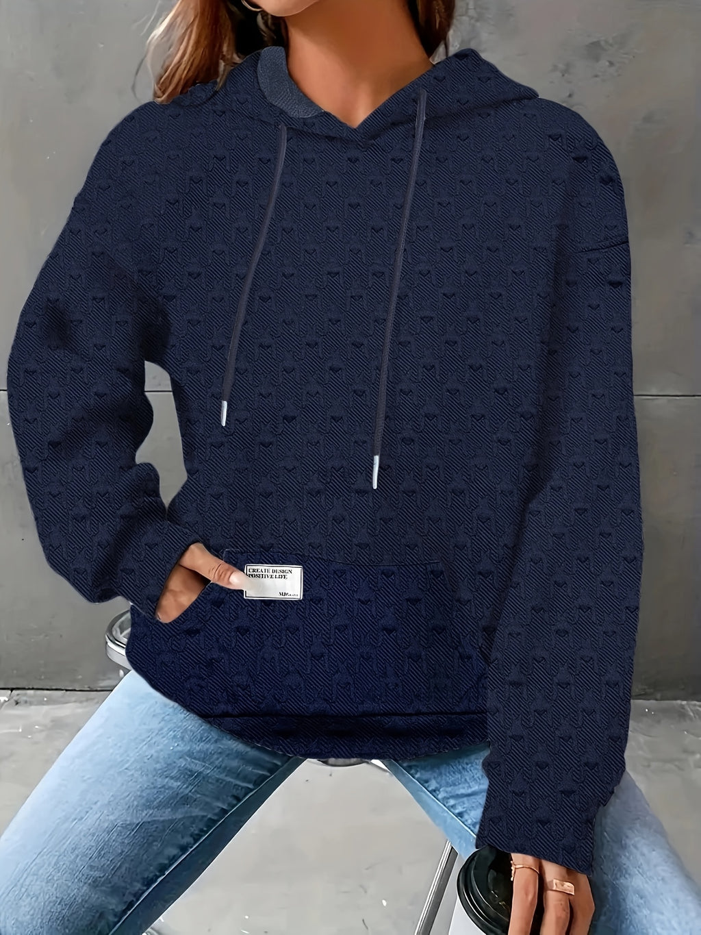 Women's Autumn/Winter Waffle Hooded Long-Sleeve Solid Color Sweatshirt - Navy Color