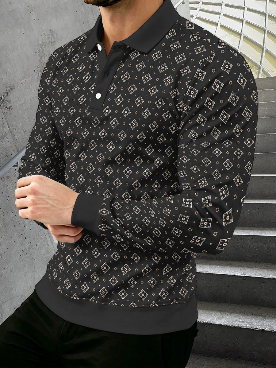 Men's Novelty Fashion Long-Sleeve Top with Fine Starburst Vintage Print, Three-Button Polo Shirt with Access Control Design, Punk Street Style Lapel Top for Daily Commuting and Outings, Surprise Birthday and Holiday Gift for Men - Mixed Color B
