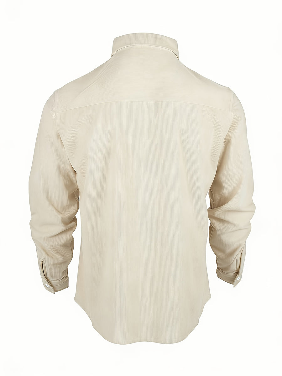 Men'S Retro Corduroy Shirt - Casual Long Sleeve Pocket Shirt, Brown Retro Style Jacket, Suitable for All Seasons, Lapel Design, Loose Fit Suitable for Layering Or Wearing Alone - Milky