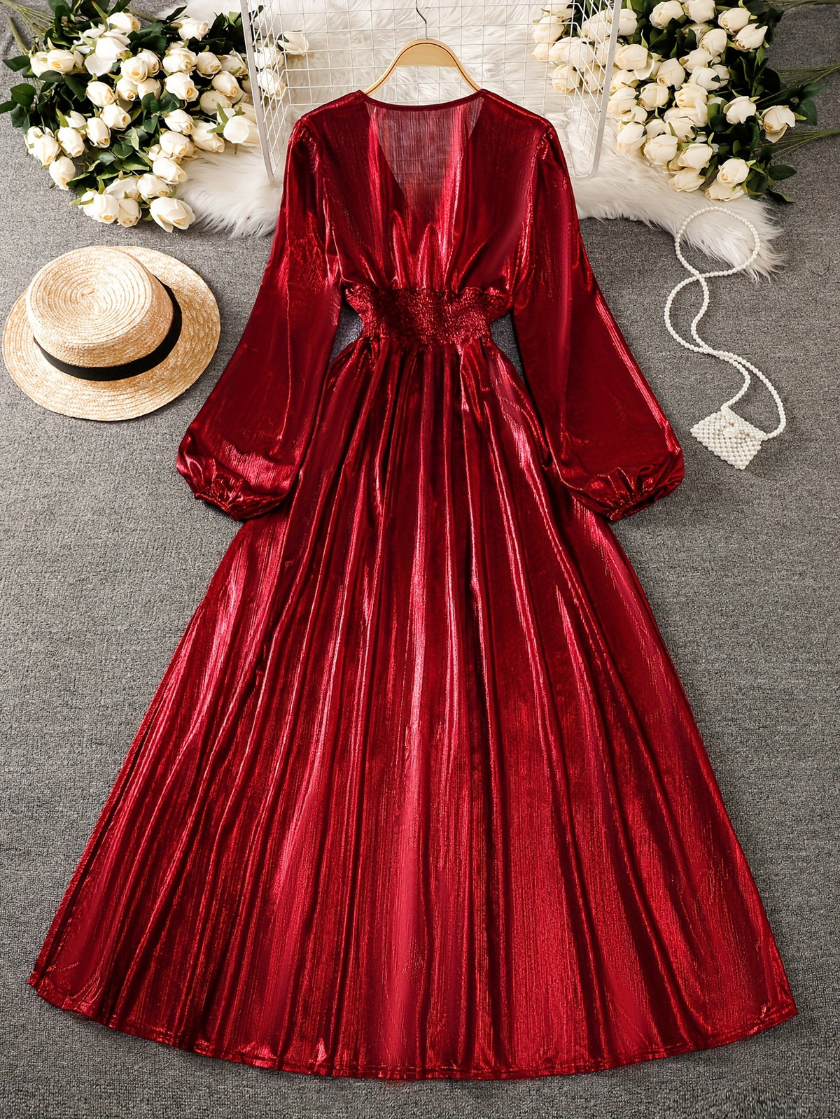 New Arrival Women's Bright Red Long Sleeve V-Neck Maxi Slit Dress - Red