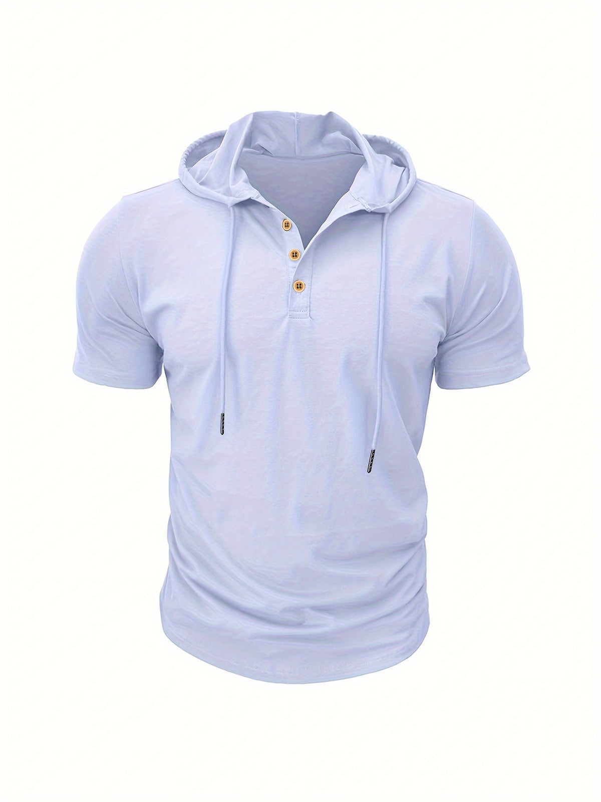 A Single Piece Men'S Casual Hooded Henley Shirt, Lightweight Sports T-Shirt for Summer That Wicks Moisture And Is Breathable, Featuring a Solid Color, Short Sleeves, Button Details at The Neckline, Adjustable Drawstrings for The Hood, Regular Fit - White