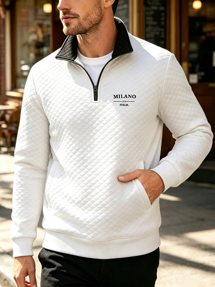 BOWZ Men's Lapel Sweatshirt, Autumn/Winter Men's Half-Zip Polo Sweatshirt, American-Style Henry Shirt Color-Block Sweatshirt, Trendy and Versatile, Warm and Breathable, with Zipper and Pocket Design, Suitable for Outdoor Sports and Casual Home Wear - White