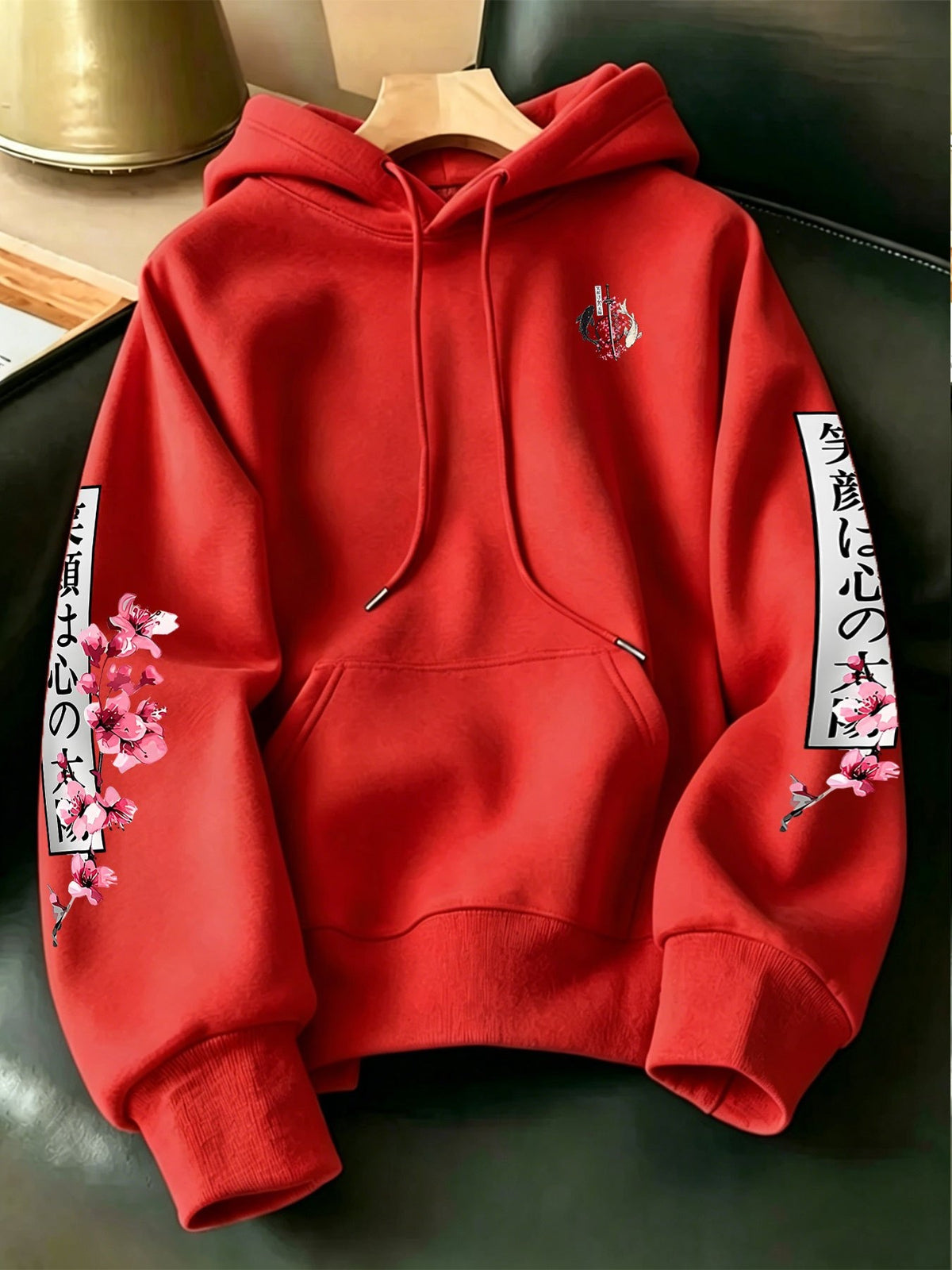Men's New Fashion Hooded Sweatshirt, Cherry Blossom Samurai Sword Yin Yang Koi Japanese Washoku Style Print with Multi-Pattern Design, Large Pocket Hoodie with Adjustable Drawstrings, Comfortable and Versatile Pullover Hoodie with Kangaroo Pocket - Red