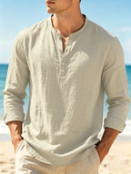 Spring/Summer Lightweight Cotton-Linen Henry Long-Sleeve Shirt for Men, Half-Open Placket Stand Collar Solid Color Top, Soft and Comfortable Casual Shirt for Daily Outings, Autumn Menswear - Khaki