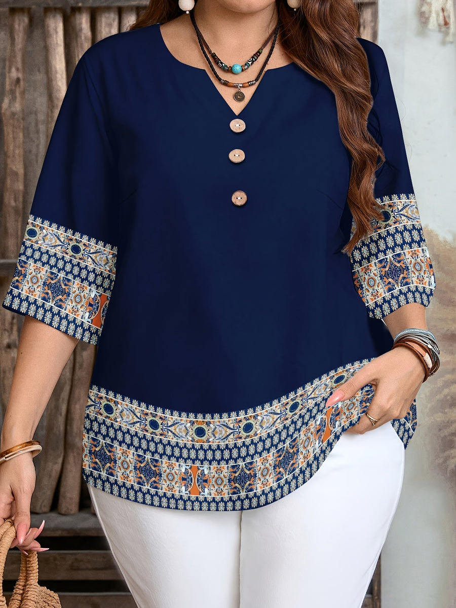 Women's Elegant Striped Print Shirt with Three-Button V-Neck Pullover, Spring/Summer Casual Loose Blouse Top - Blue