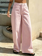 Women'S 2025 Fashion New Stretch Loose Wide-Leg Pink Jeans, Washed Solid Color Denim Trousers with Black Pockets, Versatile Basic Ladies' Clothing, Comfortable Business Casual Pants, Relaxed Trousers Suitable for Work, Travel, And Office Wear - Pink