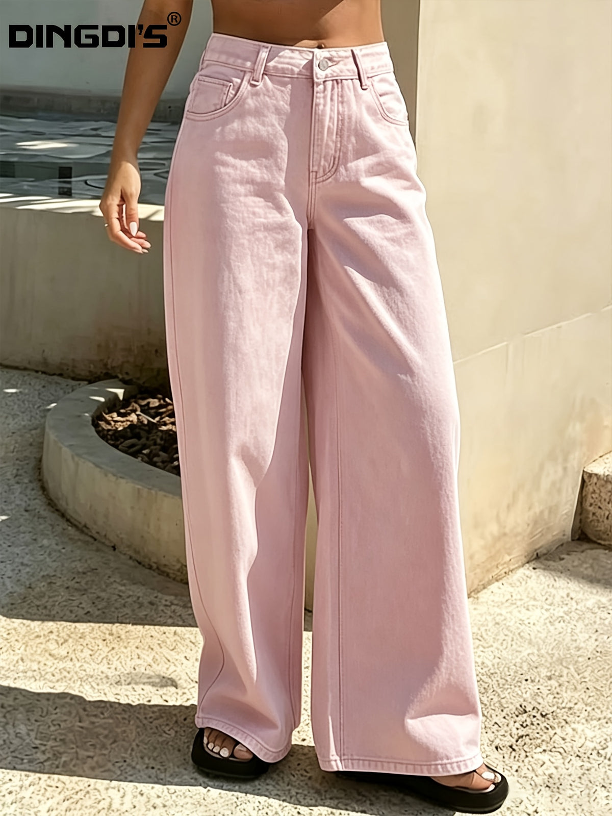 Women'S 2025 Fashion New Stretch Loose Wide-Leg Pink Jeans, Washed Solid Color Denim Trousers with Black Pockets, Versatile Basic Ladies' Clothing, Comfortable Business Casual Pants, Relaxed Trousers Suitable for Work, Travel, And Office Wear - Pink