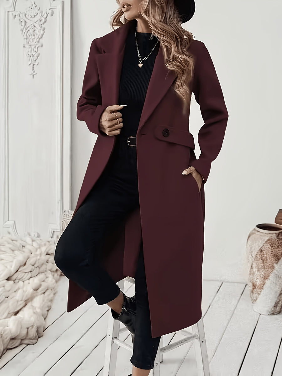 New Autumn/Winter Classic Notched Lapel Long Coat for Women, Waist-Cinching with Tie Belt and Two-Button Design, Over-the-Knee Outerwear, Elegant Commuter Style, Draped and Structured Long-Sleeve Coat with Side Pockets, Simple and Versatile, Slim Fit - Burgundy