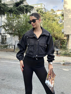 Women'S Fused Casual All-Match Vacation Lapel Short Zipper Coat Autumn Winter Commuter Jacket Elegant - Black