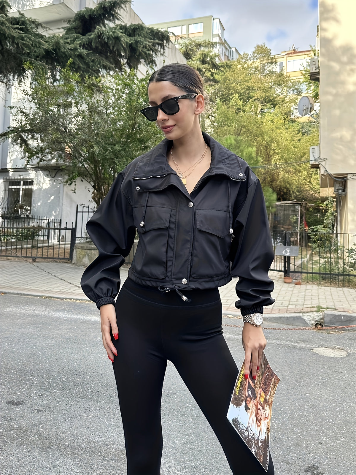 Women'S Fused Casual All-Match Vacation Lapel Short Zipper Coat Autumn Winter Commuter Jacket Elegant - Black