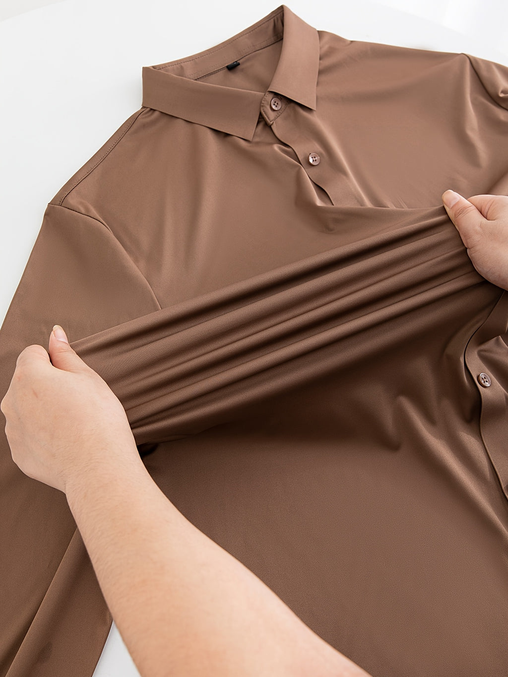2pcs Set of Seamless Pressure Adhesive High-Elasticity Non-Iron Men'S Dress Shirt Long Sleeve Business Casual Formal Top, Material 88% Polyester 12% Spandex, Fabric Weight 160G, Casual - Khaki + Khaki