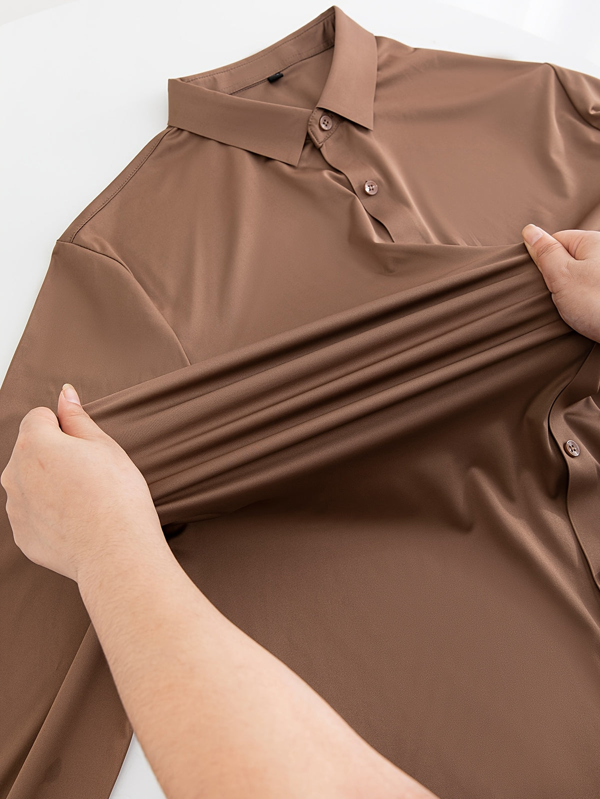 2pcs Set of Seamless Pressure Adhesive High-Elasticity Non-Iron Men'S Dress Shirt Long Sleeve Business Casual Formal Top, Material 88% Polyester 12% Spandex, Fabric Weight 160G, Casual - Khaki + Khaki