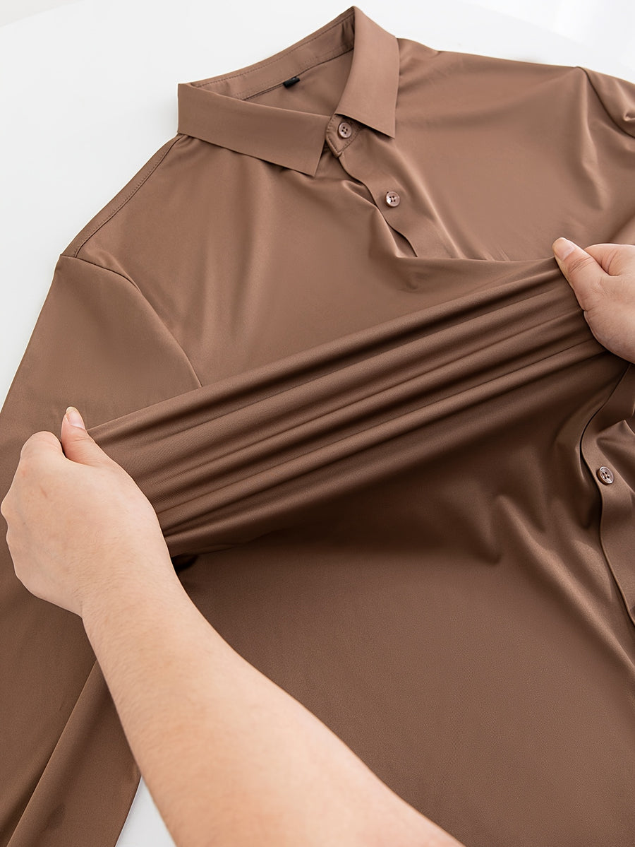 2pcs Set of Seamless Pressure Adhesive High-Elasticity Non-Iron Men'S Dress Shirt Long Sleeve Business Casual Formal Top, Material 88% Polyester 12% Spandex, Fabric Weight 160G, Casual - Khaki + Khaki