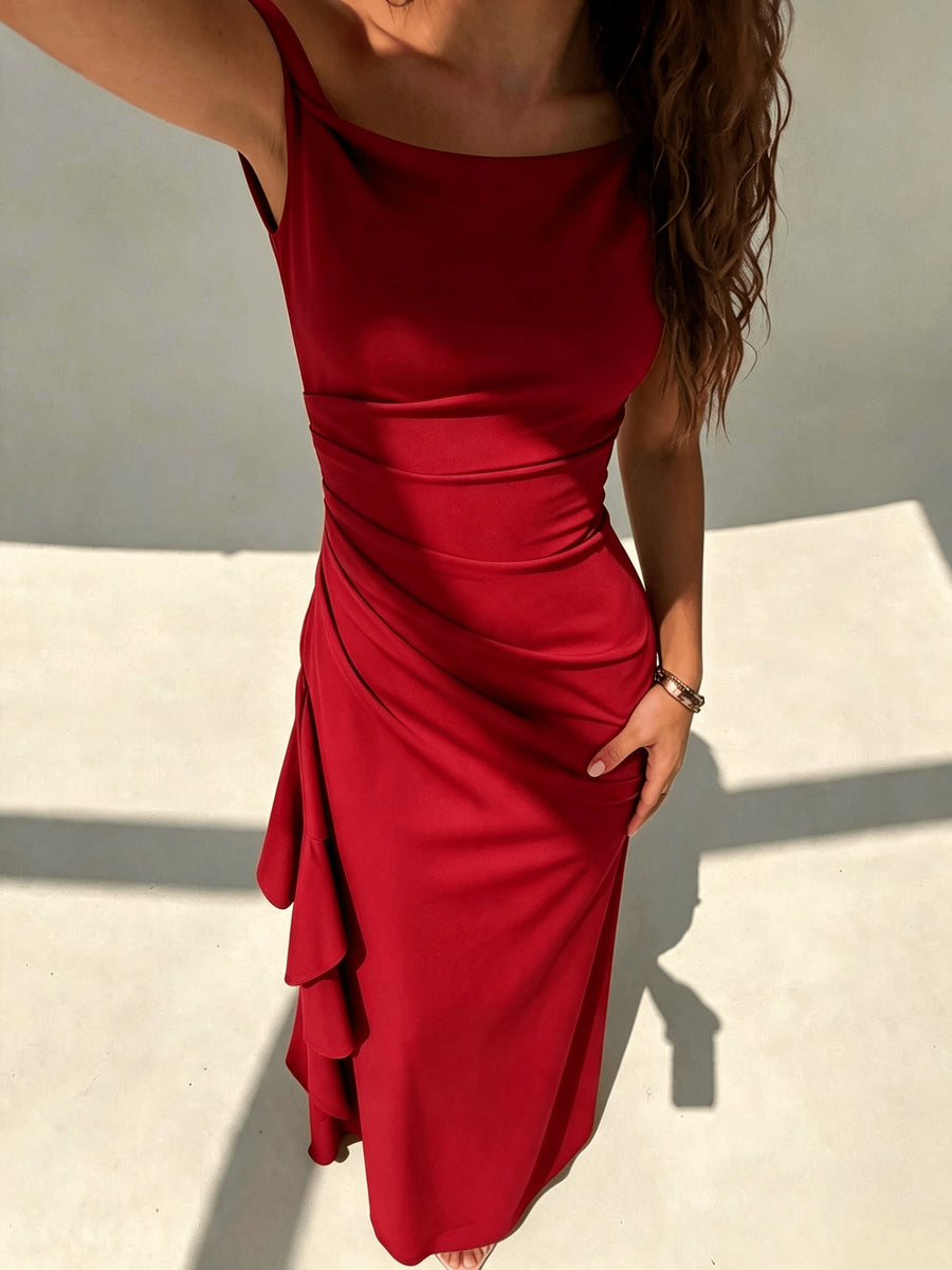 Women's Elegant Off-Shoulder Bridesmaid Dress with Twist Knot Strapless High Slit & Ruffled Wrap - Machine Washable Wedding Party Dress Suitable for Prom, Valentine's Day, Special Occasions, Long Evening Gown - Burgundy