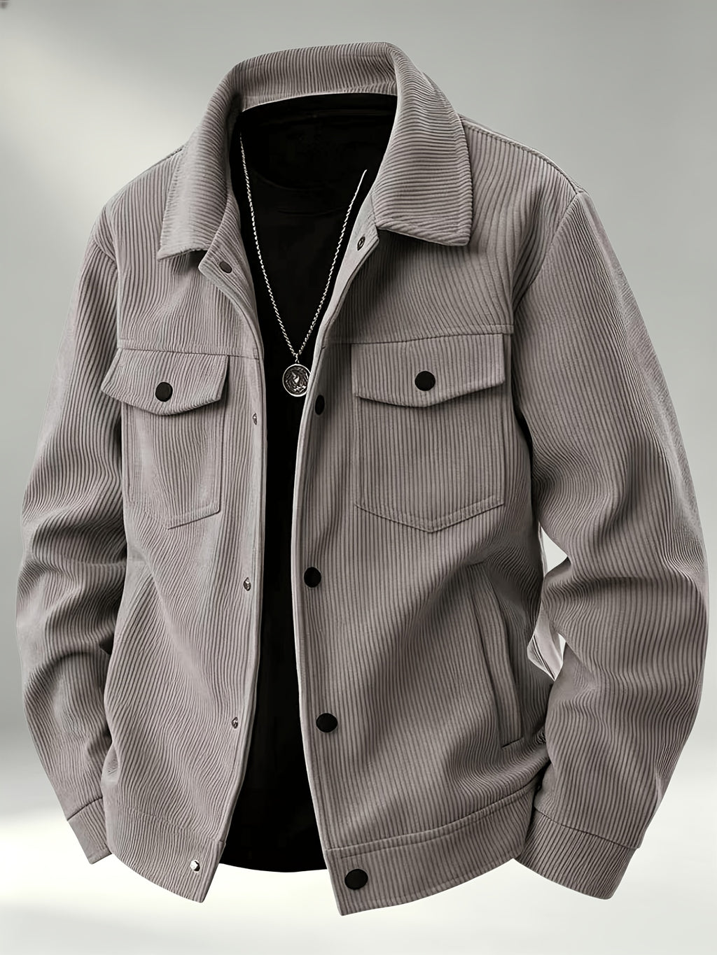 Men'S Trendy Corduroy Lapel Cargo Jacket Solid Vertical Texture Casual Long Sleeve Jacket Commuter Top - Grey