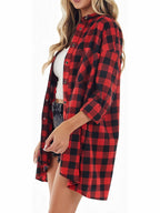 Beautiful Women'S Long Checkered Long Sleeve Shirt, Fashionable Double Pocket Design, Exquisite Buttons, Breathable Soft Fabric, Perfect for Spring And Autumn - Red And Black Grid