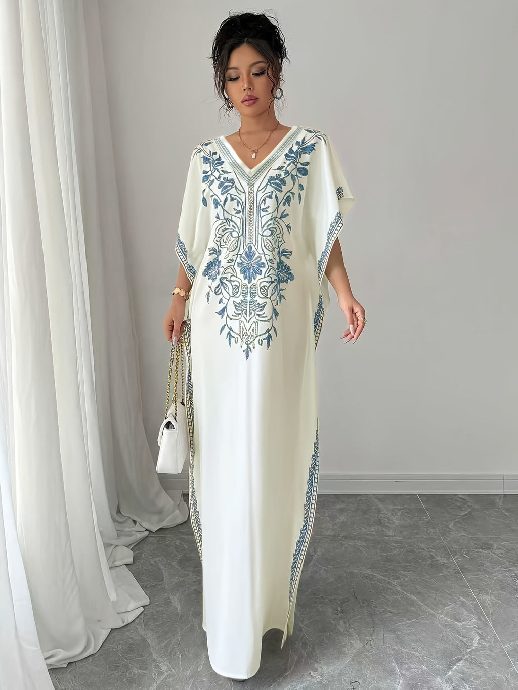 Women'S Summer Elegant Casual Robe, Floral Print V-Neck, Slit Long Dress - Blue