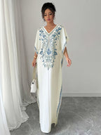 Women'S Summer Elegant Casual Robe, Floral Print V-Neck, Slit Long Dress - Blue