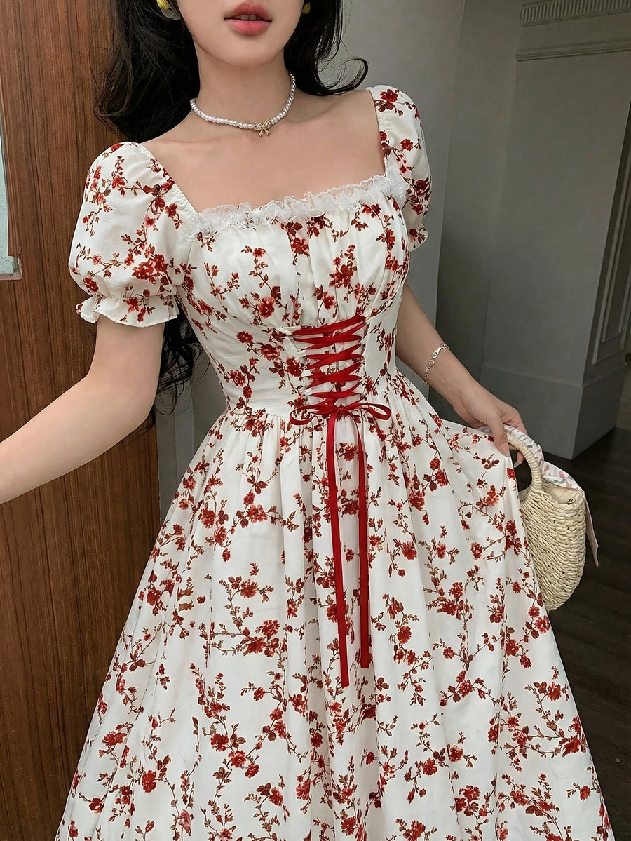 Charming Romantic Dumb Flower Patchwork Lace Collar Long Sleeve Waist-Cinching Elegant Dress, Vacation Wear, Women'S Dress - Mixed colors