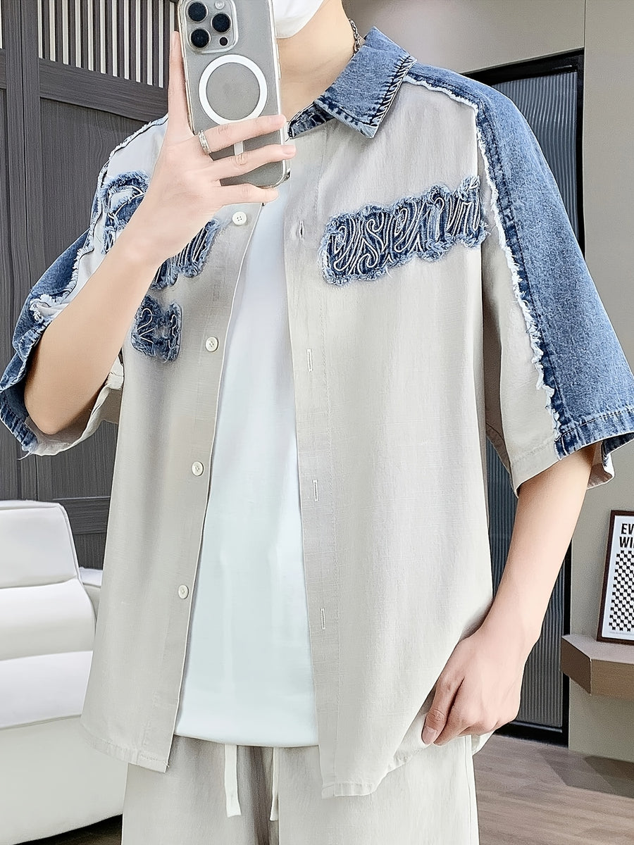 Men's Color-Block Denim Patchwork Short-Sleeve Shirt Jacket with Raw Hem, Letter Embroidery, Lapel Collar, Loose Fit, High Street Streetwear Style - 8061 Beige