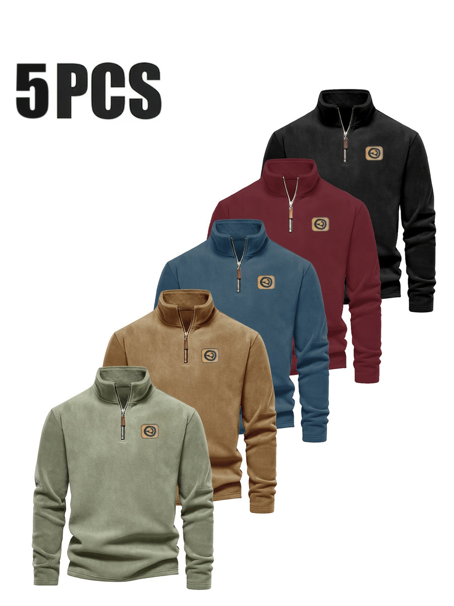 Men'S 5pcs Versatile Basic Fleece Sweatshirt, Half-Zip Stand-Up Collar Autumn And Winter Long-Sleeved Top - Mint Green+Dark Blue+Dark Red+Black+Orange