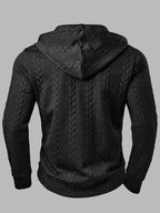 Men'S Fashion Outerwear, Autumn Winter Random Wheat Ear Textured Jacquard Fabric, Hooded Drawstring Long Sleeve with Arm Pockets And Patchwork Jacket - Black