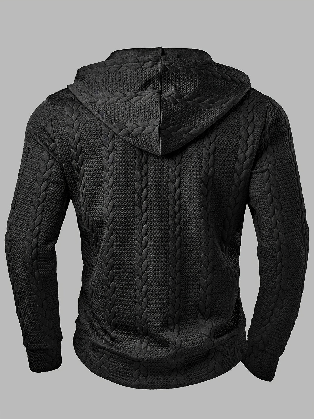 Men'S Fashion Outerwear, Autumn Winter Random Wheat Ear Textured Jacquard Fabric, Hooded Drawstring Long Sleeve with Arm Pockets And Patchwork Jacket - Black