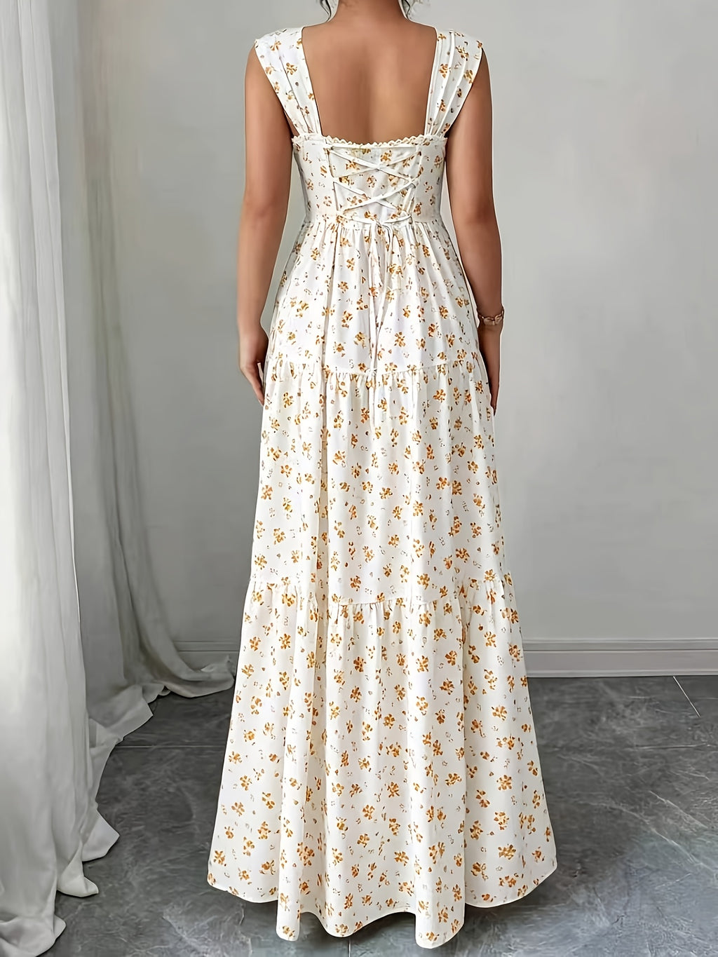 Elegant Printed Tiered Tunic Dress | Square Neck, Sleeveless, Long Length, Trapeze Hem, Regular Fit For Adults - Multicolor 1